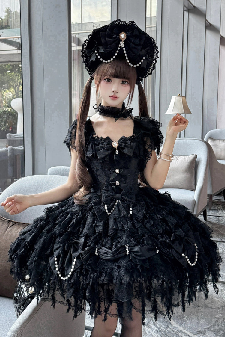 Black Cloudborne Snowfeather Sleeveless Multi-Layered Hanayome Bowknot Pearl Gothic Lolita Jsk Dress