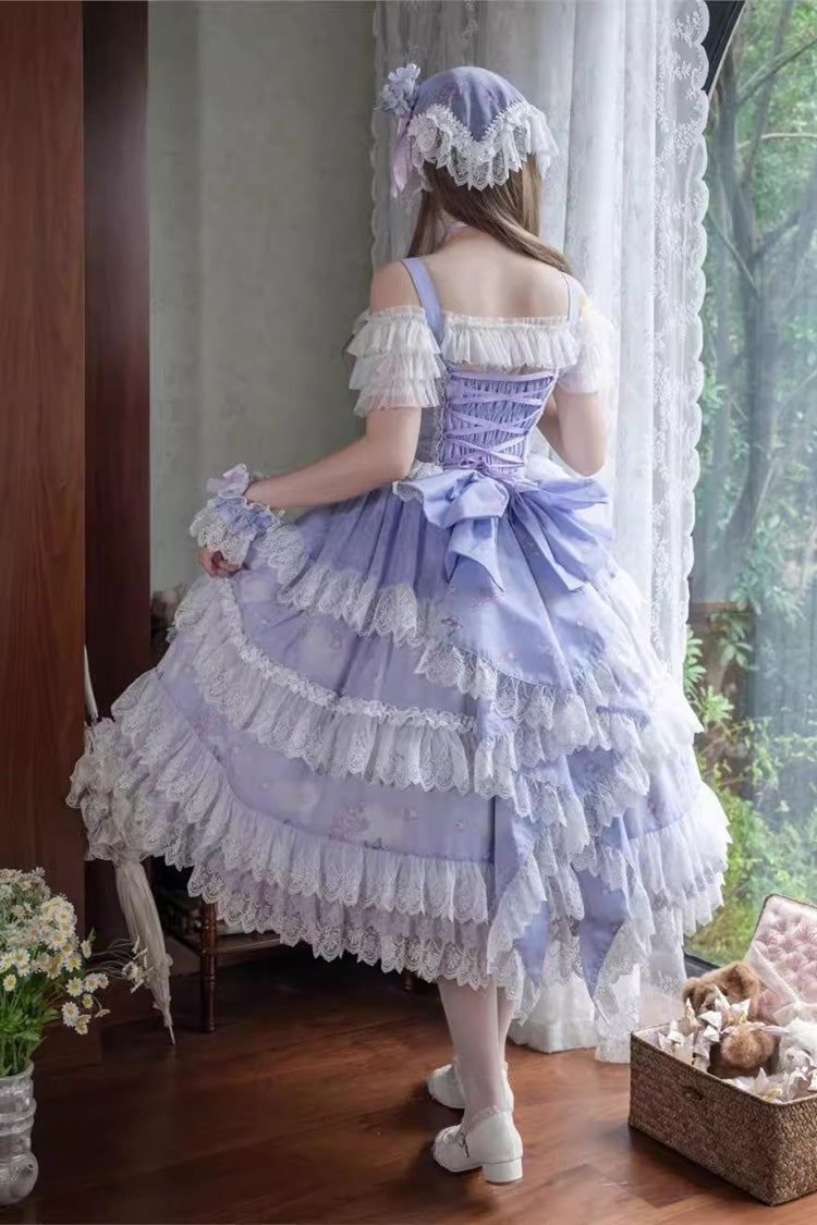 Purple Lavender Sleeveless Multi-Layered Print Ruffle Bowknot Lace-Up Sweet Elegant Lolita Jsk Dress Set