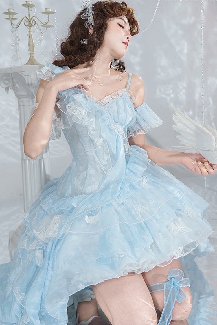 Blue Summer of Bubbles Sleeveless Ruffle Embroidery Lace Irregular Train Sweet Lolita Jsk Dress