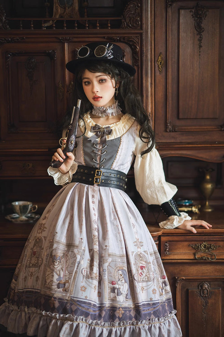 Demon Hunting Notes Long Lantern Sleeves Print Ruffle Sweet Elegant Lolita Dress 2 Colors