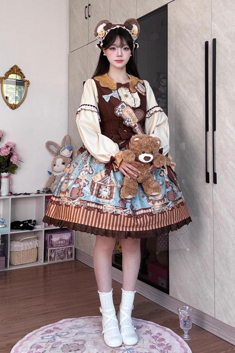 Bear Cookies Print Ruffle Bowknot Sweet Lolita JSK Dress 2 Colors