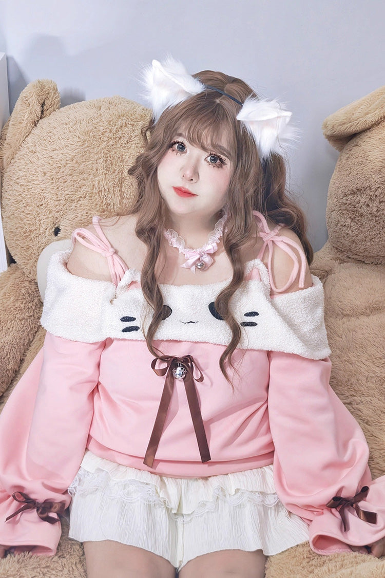 Pink/Beige Kitten Plus Size Boat Neck Long Lantern Sleeves Multi-Layered Ruffle Lace Sweet Lolita Skirt Set