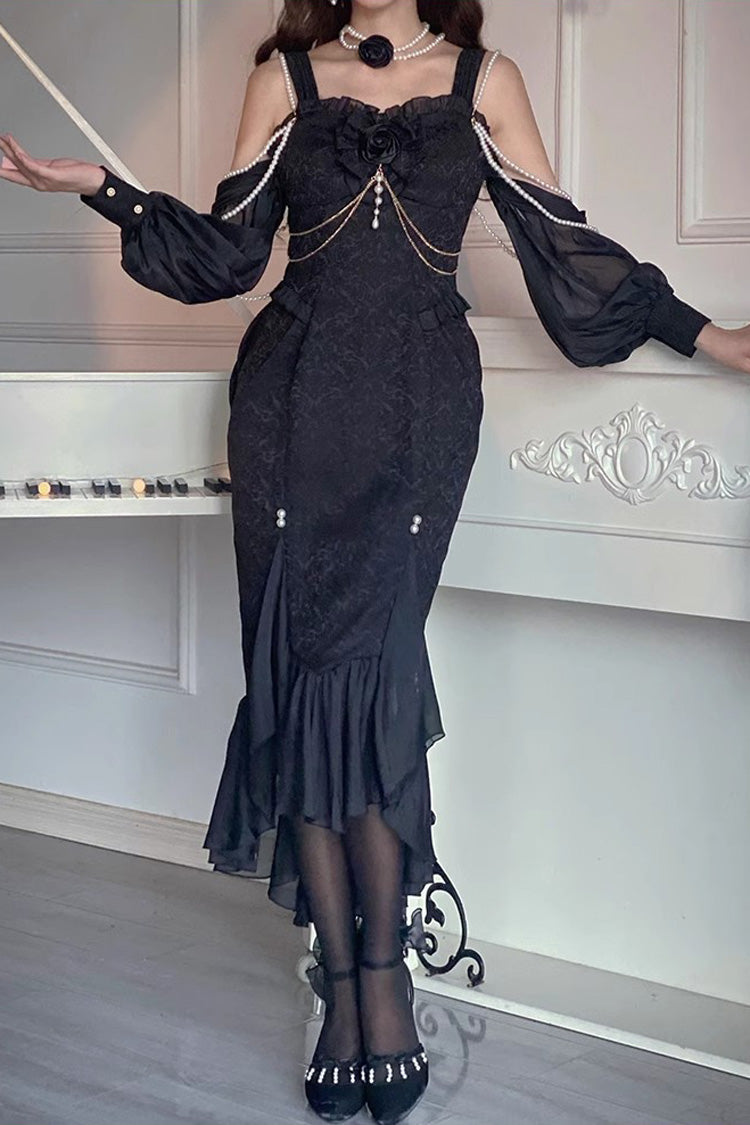 Black Camellia 1.0 Sleeveless Jacquard Ruffle Lace Gothic Chinese Style Lolita Jsk Fishtail Dress