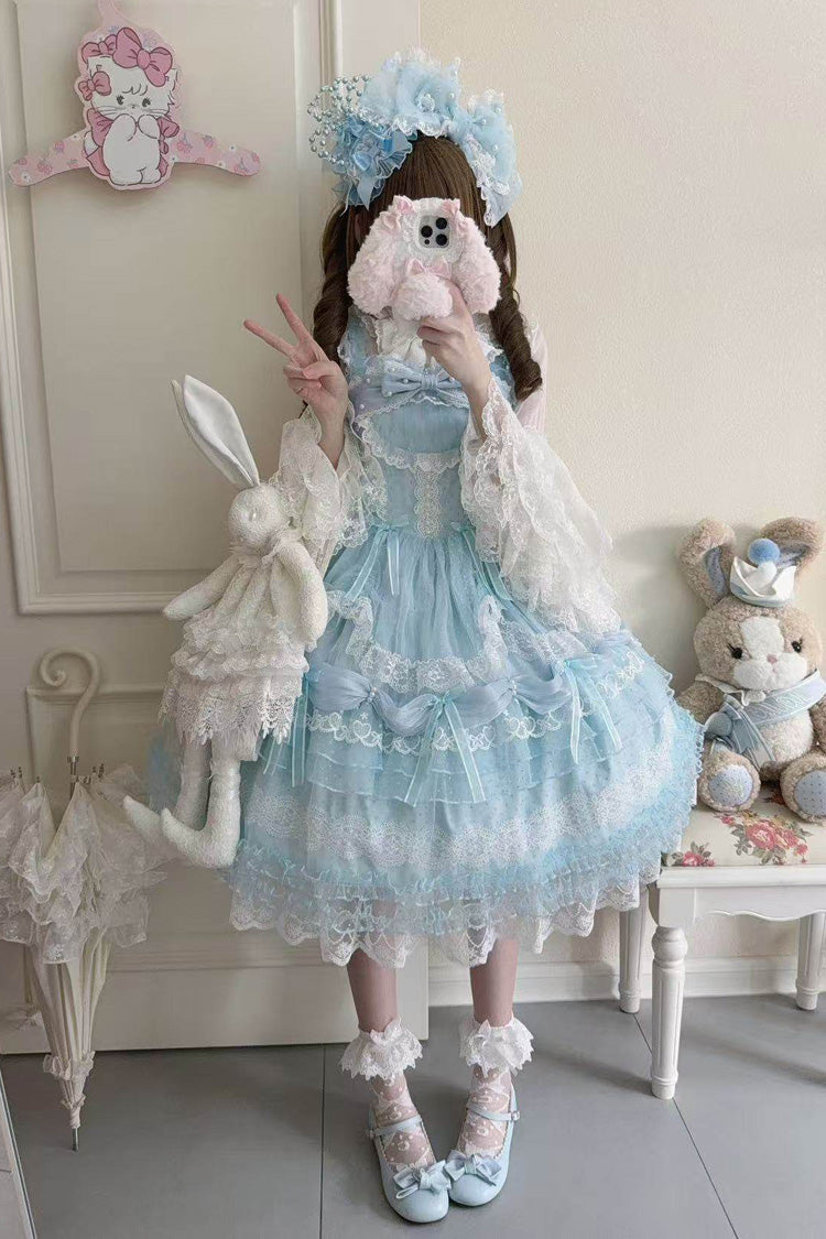 Blue Sugar Heart Knot Multi-Layered Ruffled Bow Lace Sweet Lolita Jsk Dress