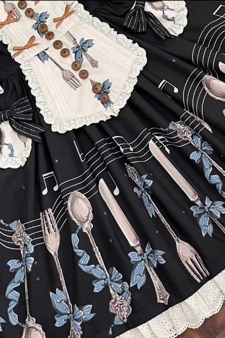 Dark Blue The Witch's Banquet Round Collar Short Sleeves Printed Ruffled Embroidered Bow Lace Sweet Lolita Jsk Dress