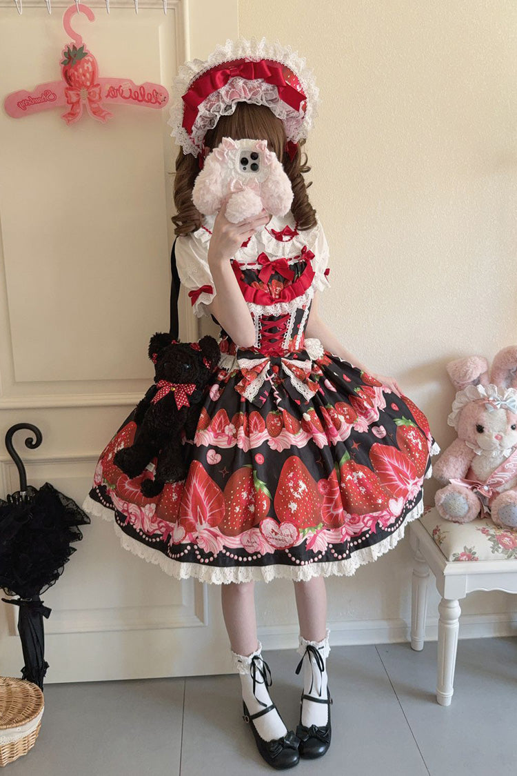 Sweet Berry Tale Strawberry Print Ruffle Bowknot Lace Sweet Lolita Jsk Dress 4 Colors