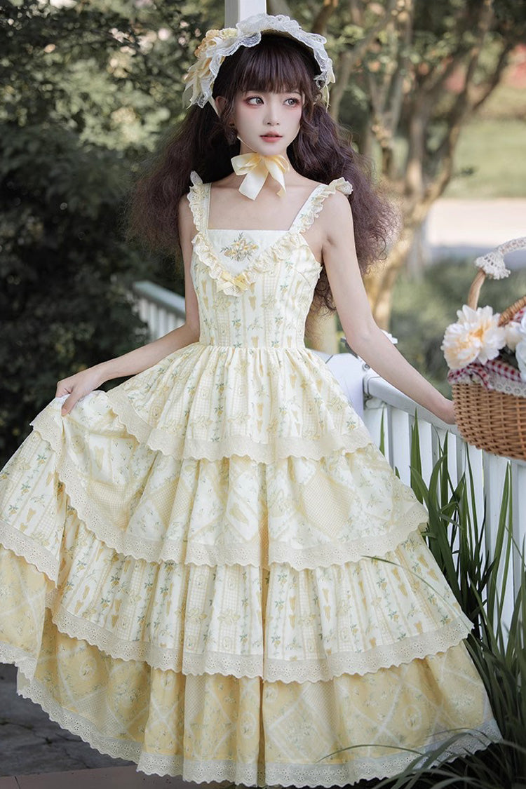 Yellow Multi-layer Sunflower Print Ruffle Embroidery Sweet Chinese Style Lolita Jsk Dress