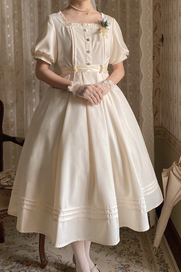 Apricot Random Thoughts Square Collar Short Sleeves Ruffle Classic Vintage Elegant Lolita Dress