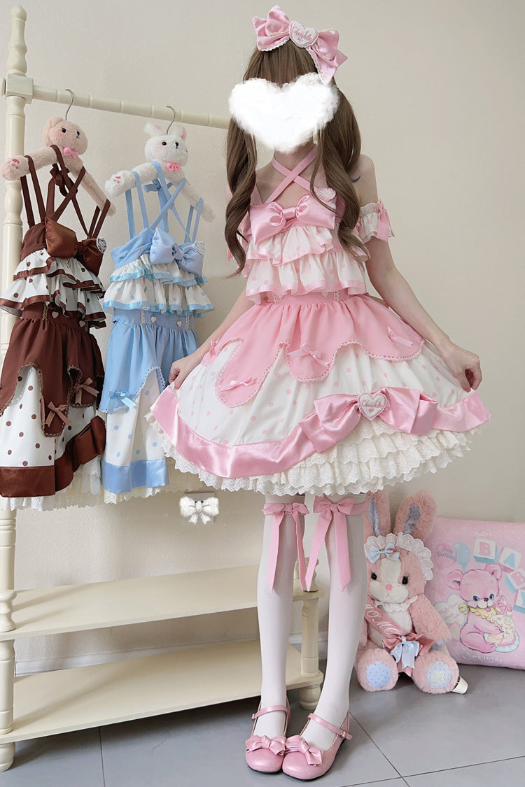 Pink Cream Multi-Layered Polka Dots Print Ruffle Bowknot Sweet Lolita Jsk Dress