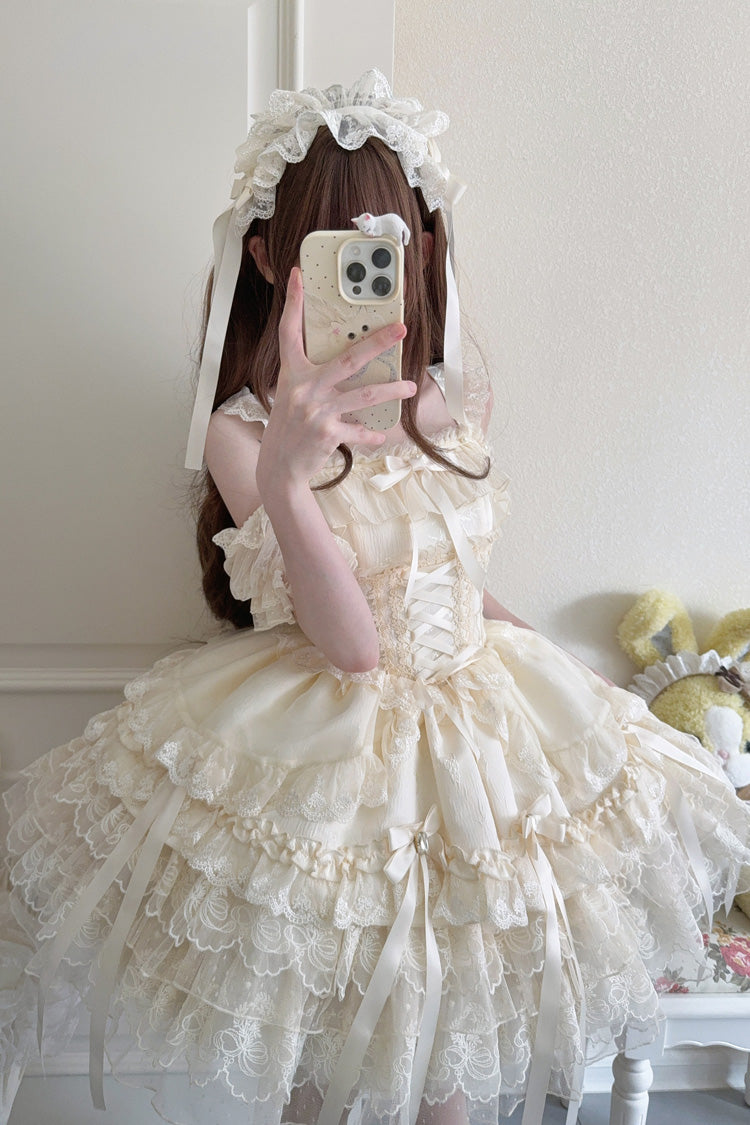 Apricot Ribbon Heart Love Sleeveless Multi-Layered Ruffle Bowknot Lace Lace-Up Sweet Princess Ballet Lolita Jsk Dress