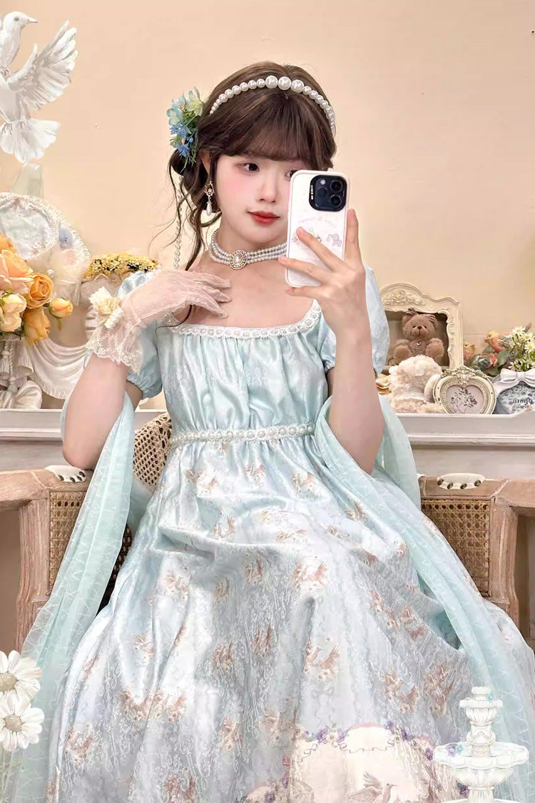 Green Spring of Nai Square Collar Short Sleeves Print Pearl Sweet Elegant Lolita Dress