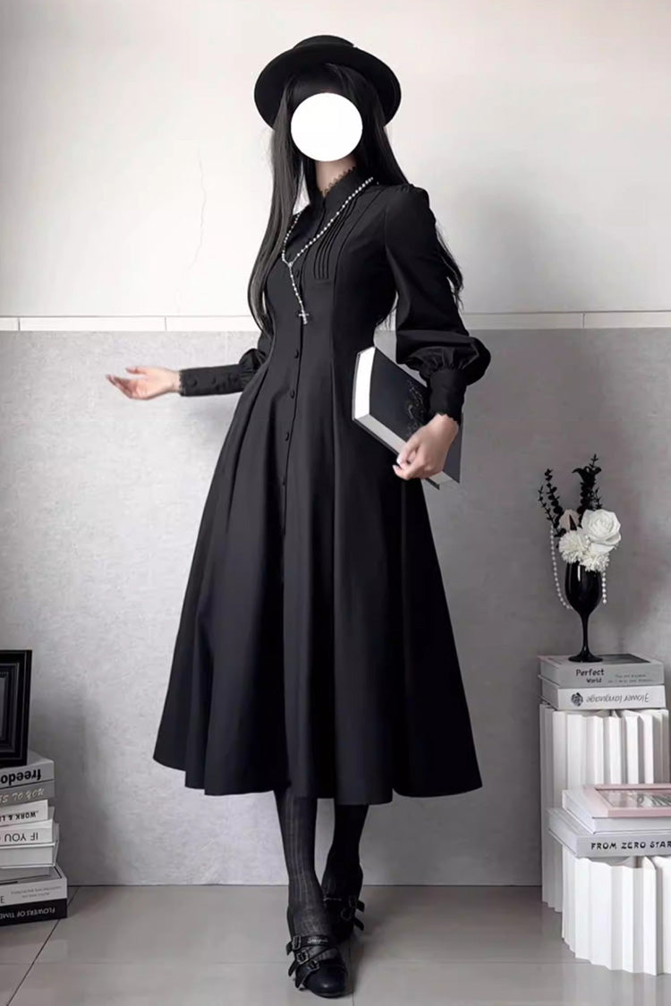 Black Astrea Long Puff Sleeves Slim Gothic Elegant Lolita Dress