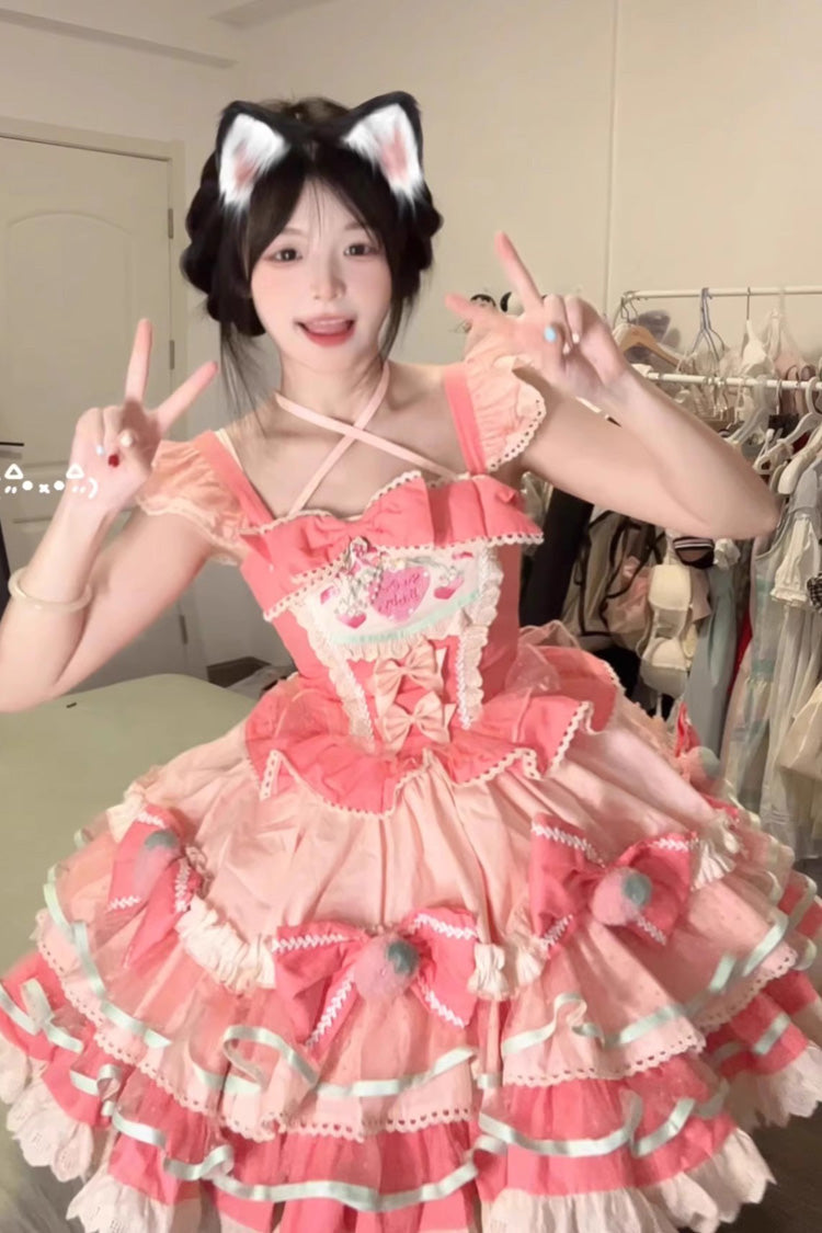 Pink Multi-Layered Cream Strawberries Print Ruffle Bowknot Sweet Lolita Tiered Dress