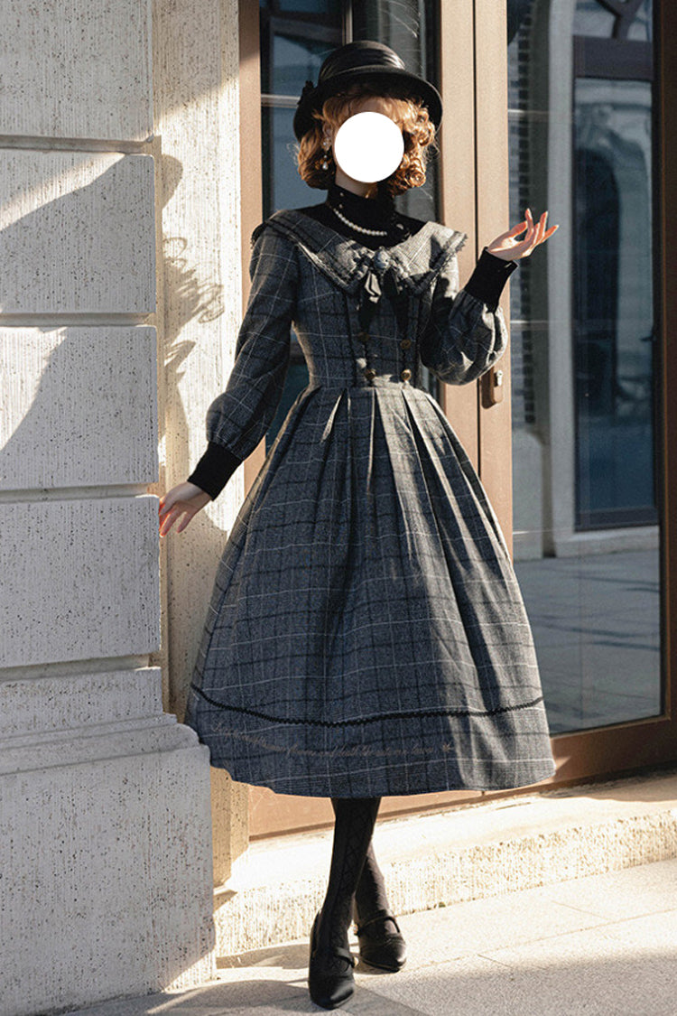 Grey Fontainebleau Long Sleeves Plaid Print Bowknot Elegant Sweet Lolita Dress