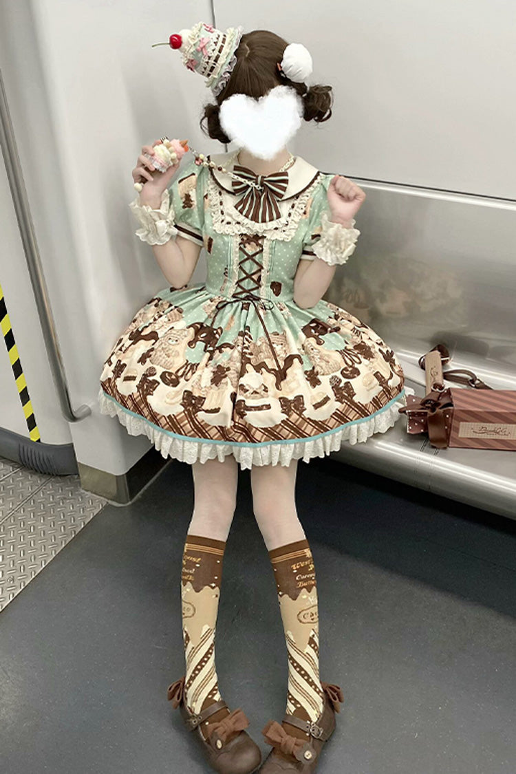 Brown Peppermint Chocolate Chocolate Cake Bear Print Ruffle Bowknot Lace-Up Sweet Lolita Dress
