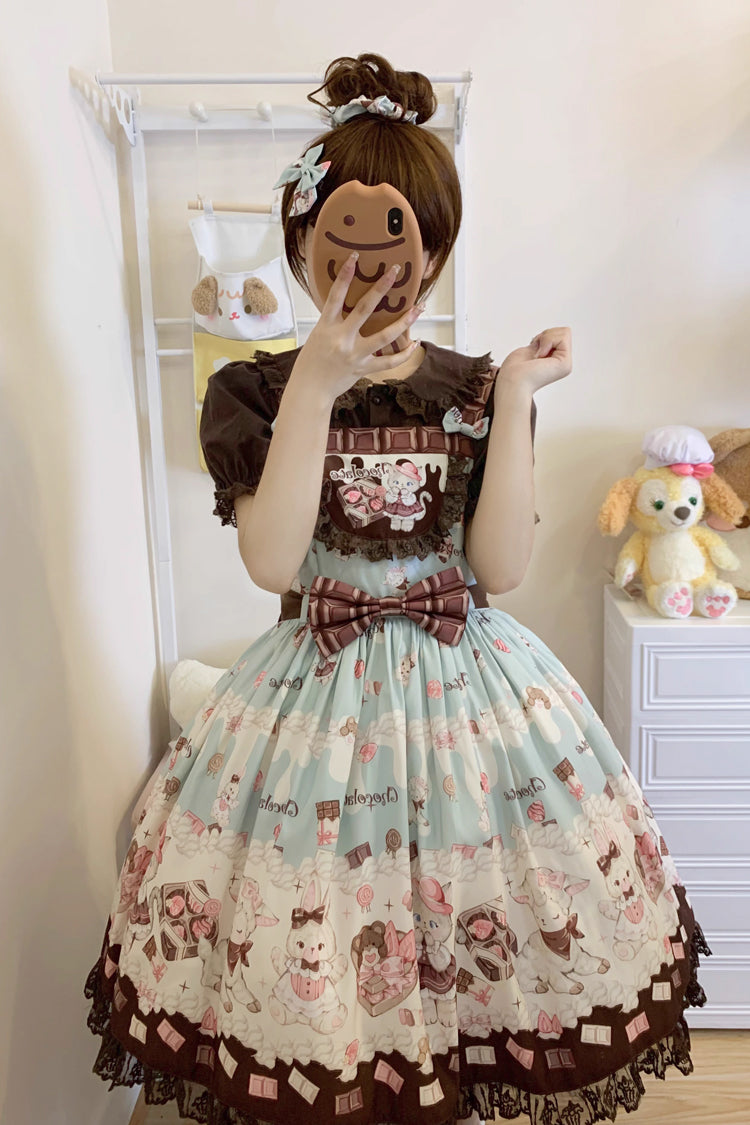 Chocolate Rosette Cat Print Bowknot Stitching Lace Sweet Lolita Jsk Dress 4 Colors