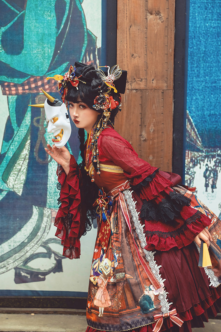Multi-Color Nightmare Print Japanese Ruffle Bowknot Sweet Lolita Jsk Dress