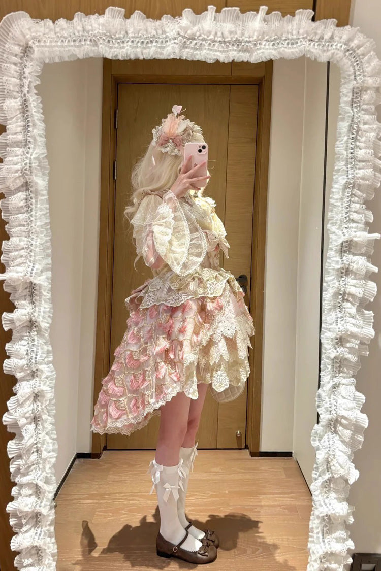 Pink Peacock Feather Multi-Layered Ruffle Hanayome Cardigan Bowknot Lace Sweet Lolita Jsk Dress Set