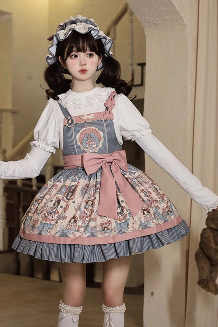 Blue Doll Print Ruffle Bowknot Sweet Lolita Strap Dress