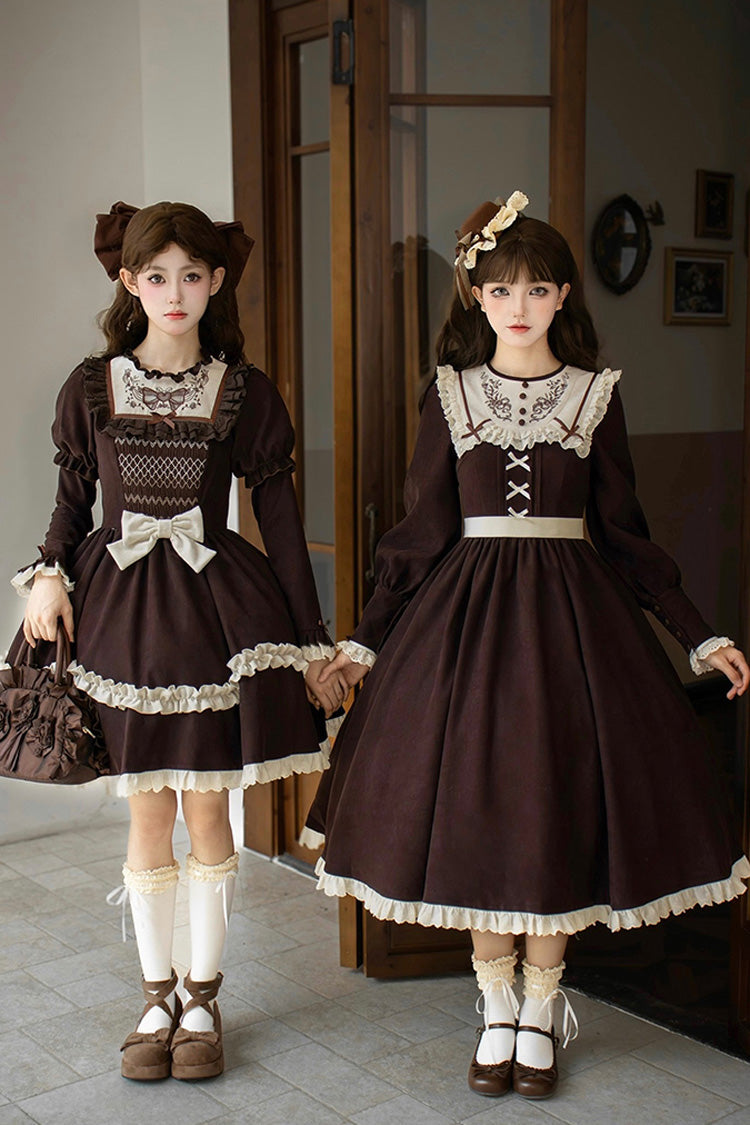 Brown Miss Brown Long Sleeves Ruffle Bouquet Embroidery Sweet Lolita Dress (Long Version)