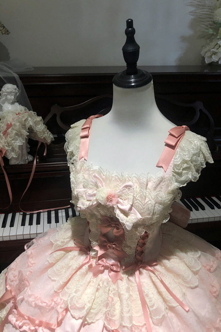 Pink Dreaming Butterfly Multi-Layered Jacquard Ruffle Bowknot Lace Sweet Princess Lolita Jsk Dress