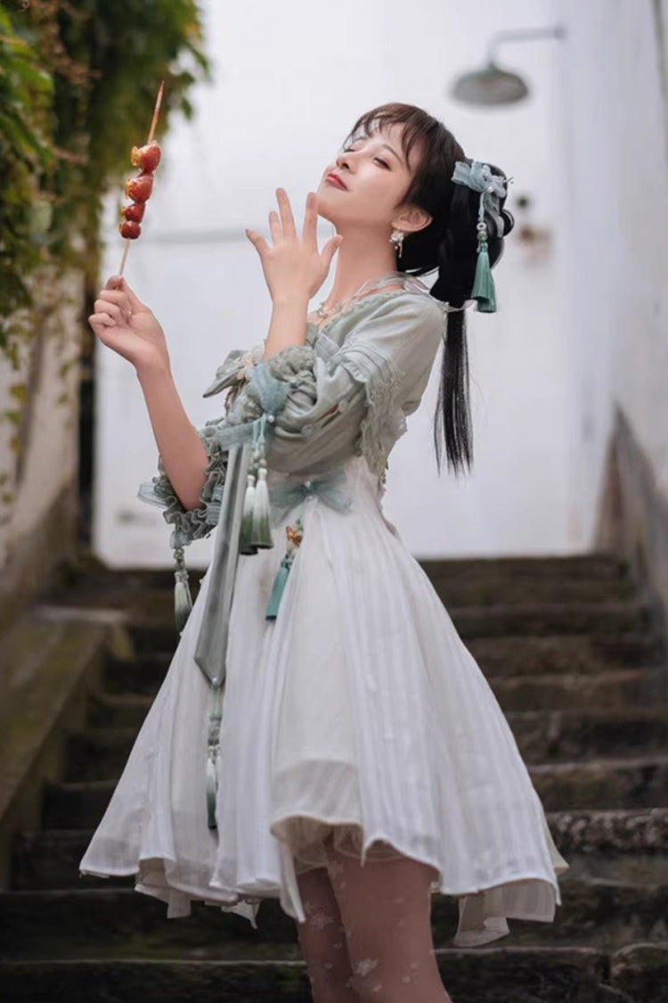 White/Green Half Sleeves Ruffled Bow Sweet Chinese Style Lolita Hanfu Dress