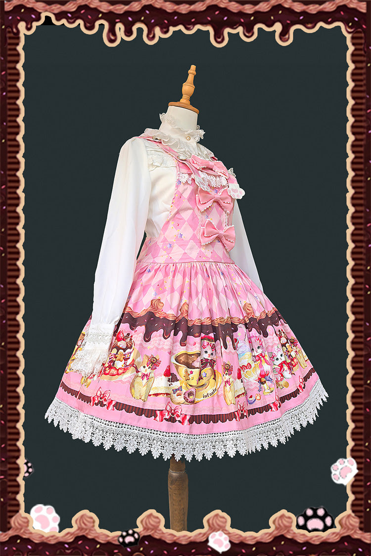 Cream Meow Sleeveless Print Bowknot Hooded Sweet Lolita Strap Dress 3 Colors