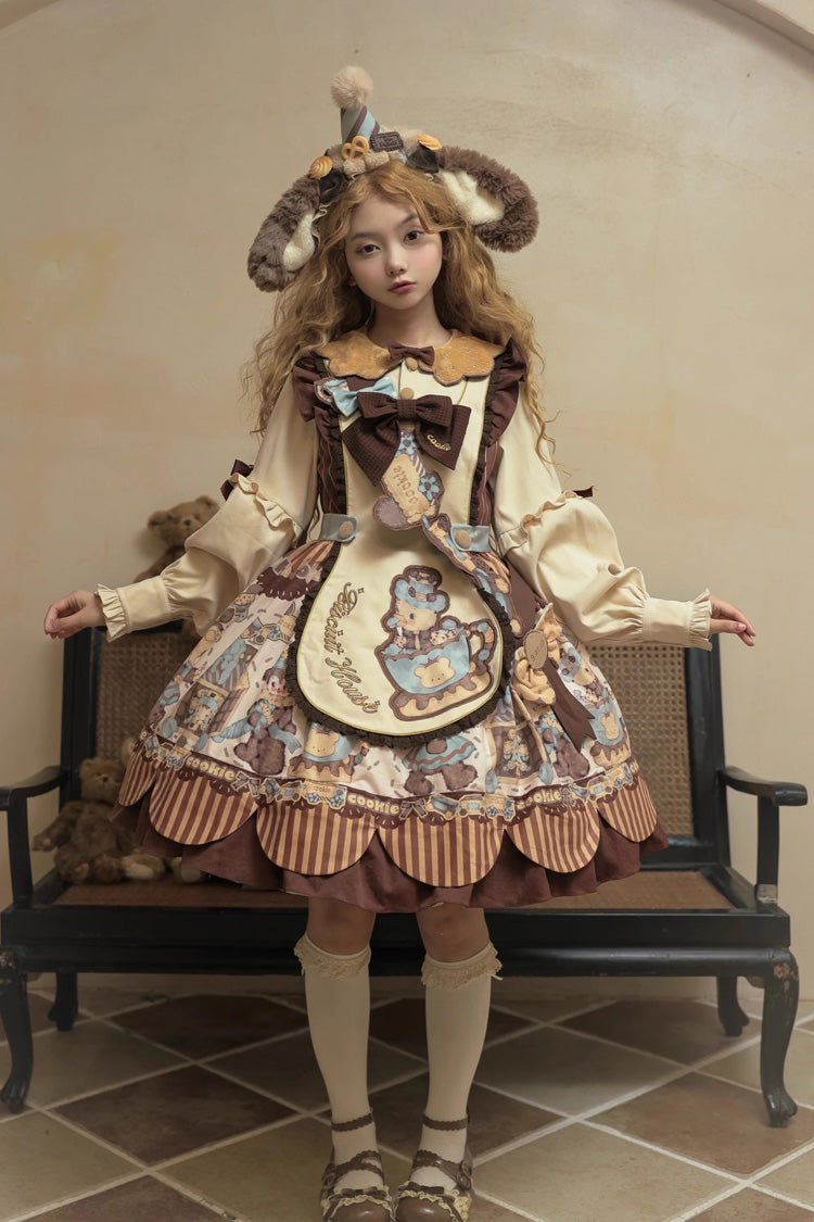 Bear Cookie Long Sleeves Print Bowknot Sweet Lolita Dress Set 2 Colors