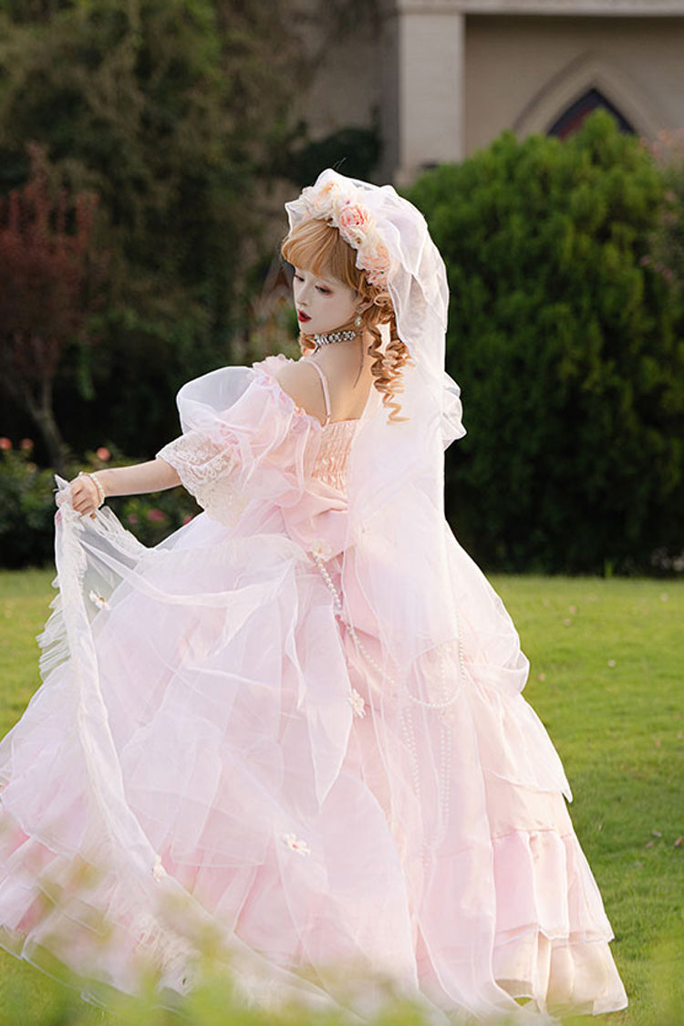 Pink Off Shoulder Short Sleeves Multi-Layered Ruffle Hanayome Bowknot Lace Sweet Plus Size Lolita Dress