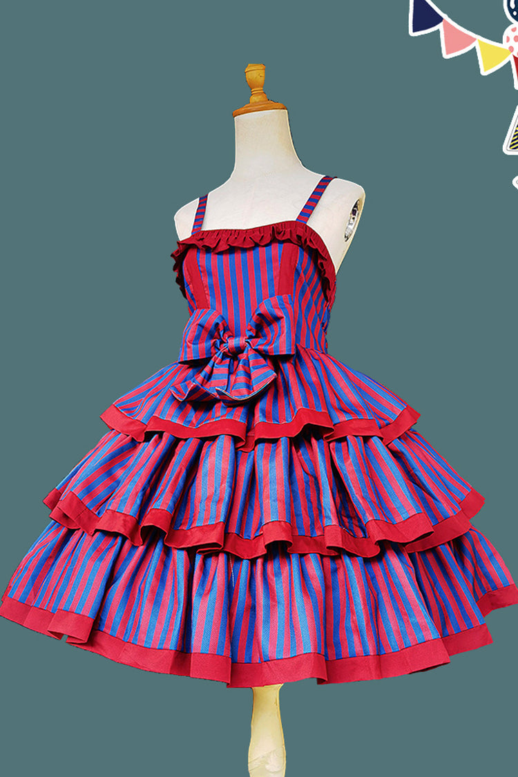 Stripe Print Cloth Cat Triple-Layered Ruffle Bowknot Sweet Lolita Dress 4 Colors