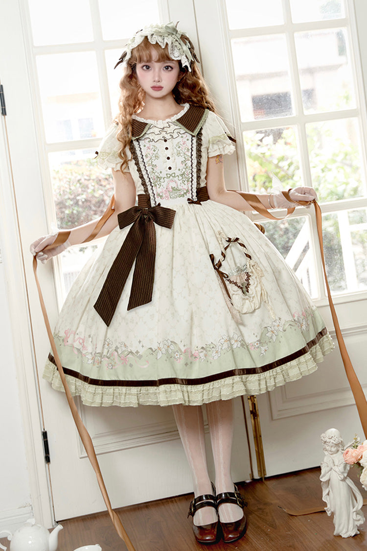 Green/Ivory Lily Short Sleeves Print Ruffle Embroidery Bowknot Lace Sweet Elegant Lolita Dress