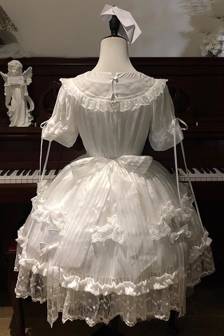 White Short Sleeves Ruffle Bowknot Lace Gothic Elegant Lolita Dress
