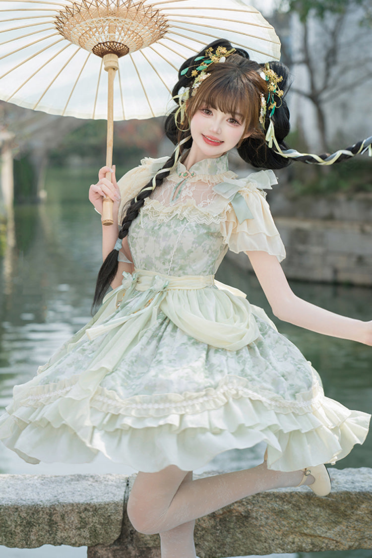 Green Pepper Chiffon Double-Layered Ruffle Bowknot Lace Sweet Chinese Style Lolita Dress
