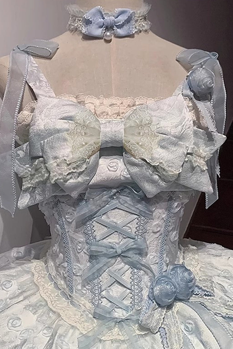 Blue Floral Overture Double-Layered Ruffle Embroidery Bowknot Lace Sweet Lolita Jsk Dress