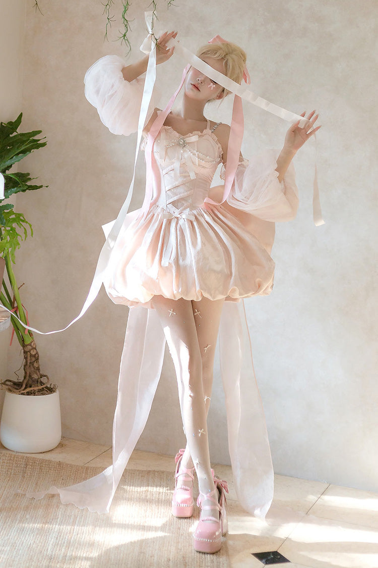 Pink The Runaway Princess Sleeveless Ruffle Bowknot Lace-Up Sweet Lolita Jsk Tulip Dress Set