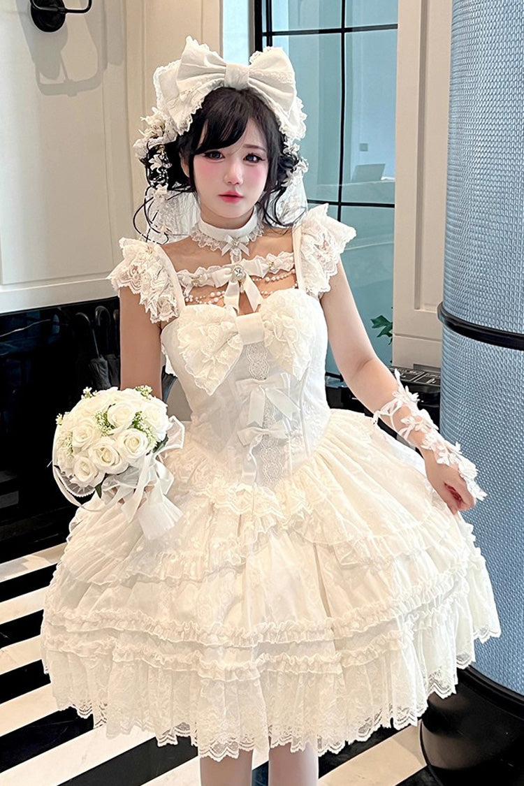 White Jewelry Love Story Halterneck Ruffle Hanayome Bowknot Lace Gothic Lolita Dress
