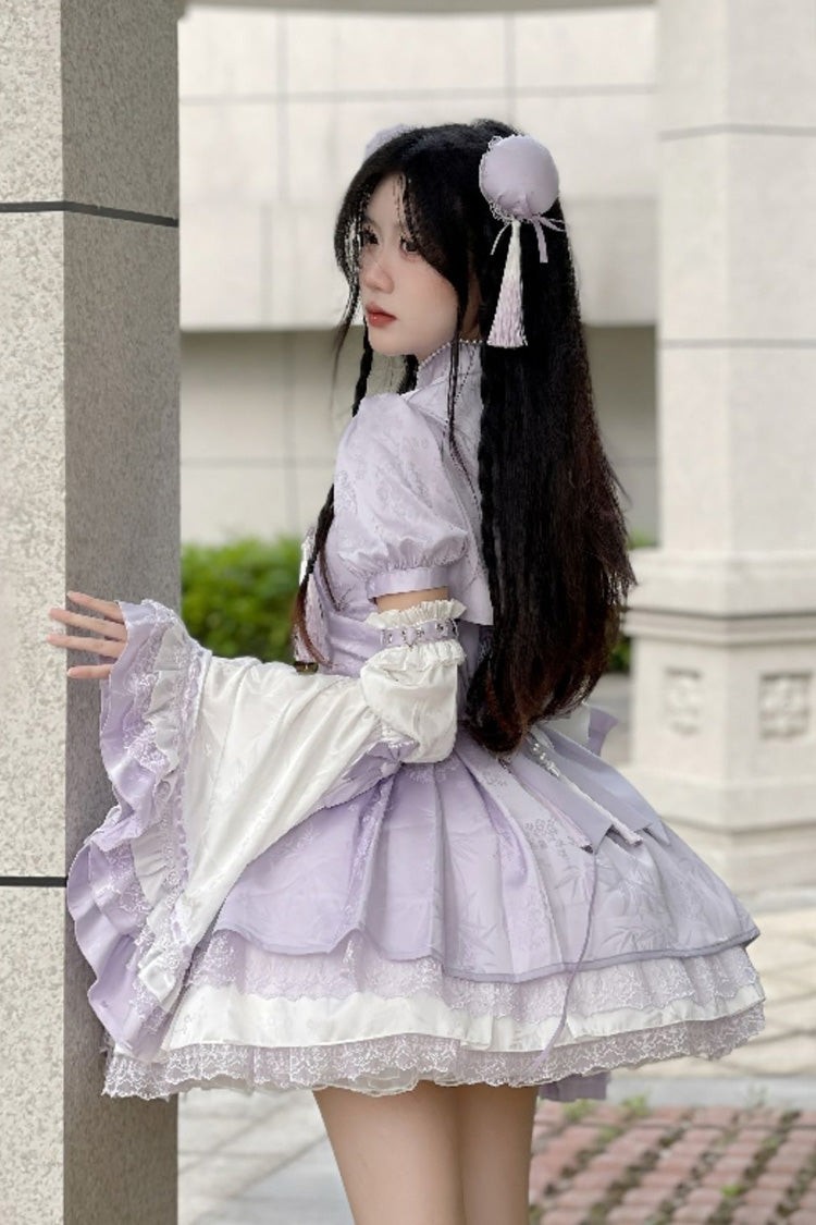 Chinese Style Short Sleeves Print Ruffle Hollow Bowknot Lace Asymmetric Sweet Vintage Lolita Dress 4 Colors