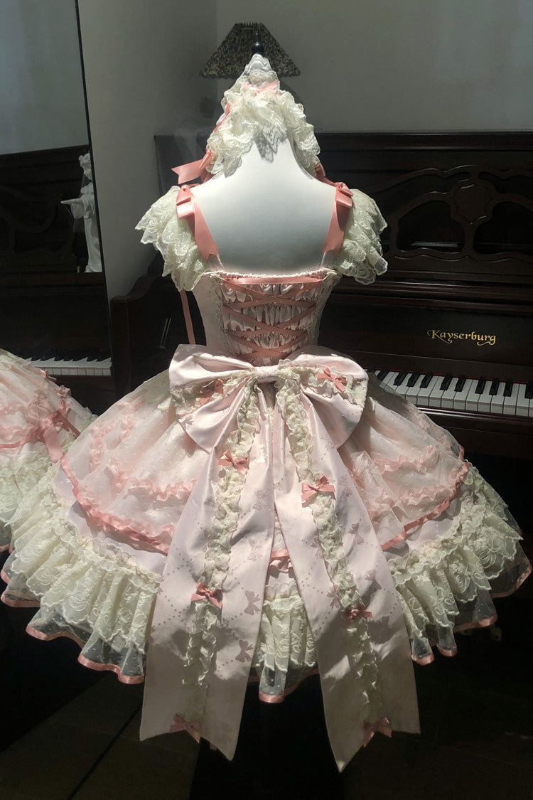 Pink Dreaming Butterfly Multi-Layered Jacquard Ruffle Bowknot Lace Sweet Princess Lolita Jsk Dress
