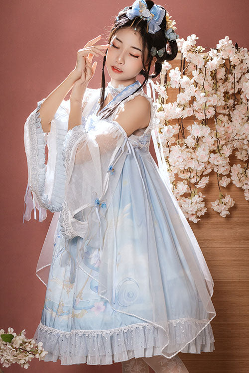 Light Blue Dreamland Chinese Style Bowknot Ruffled High Waisted Sweet Lolita JSK Dress