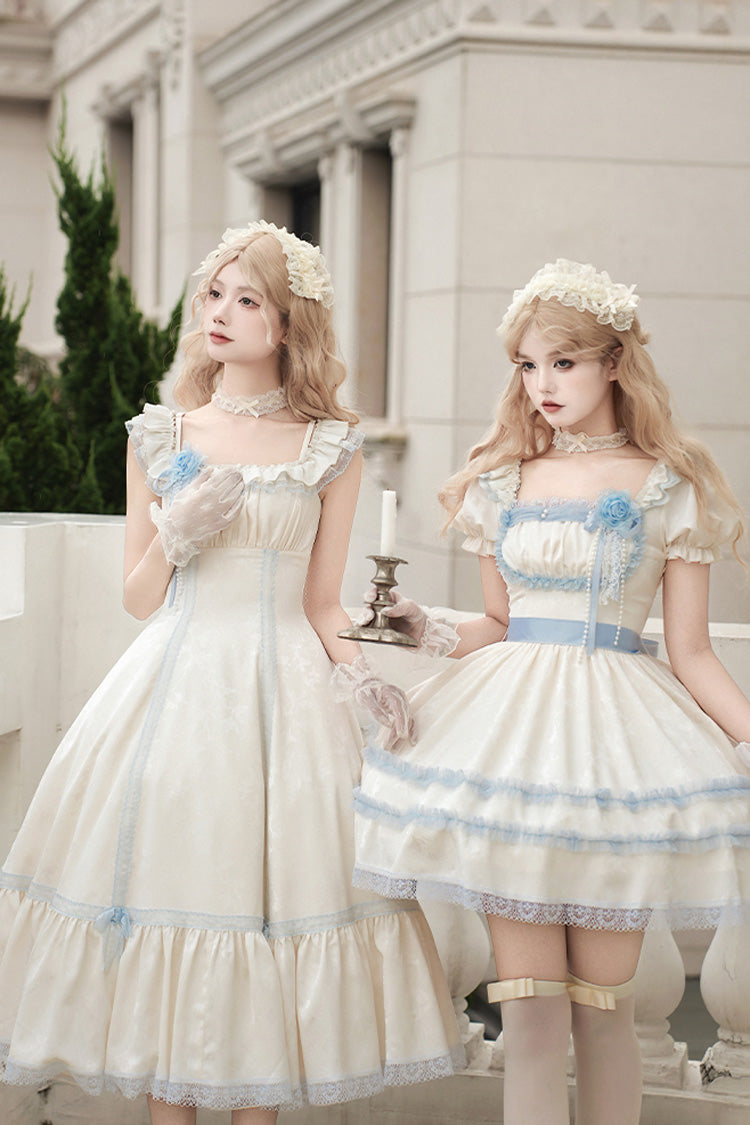 Ivory Sea Salt Iced Tea Square Collar Flying Sleeves Ruffle Fishbone Sweet Lolita Jsk Long Dress