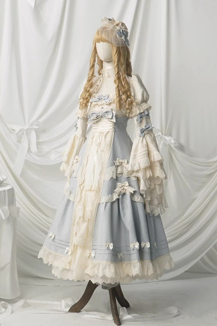 Blue Letter Paper Sleeveless Double-Layered Printed Ruffled Open-Front Bow Lace-Up Sweet Lolita Jsk Dress (Long Version)
