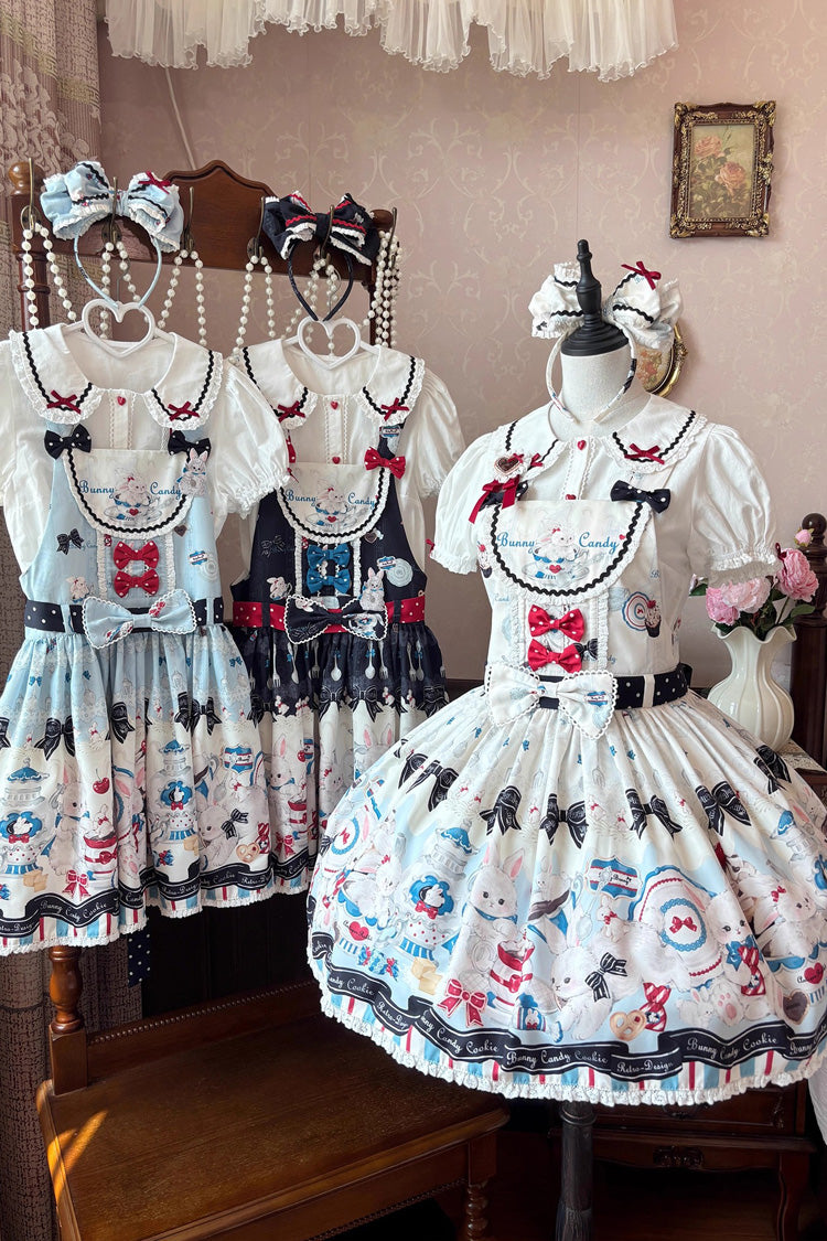 Beige Mystery Rabbit Tea Party Sleeveless Print Bowknot Lace Sweet Lolita Strap Dress
