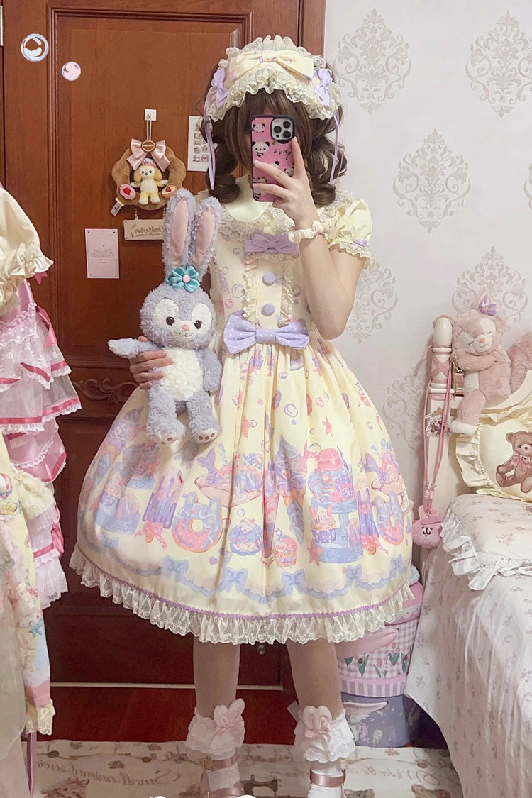 Cream Soda Mermaid Print Light Yellow Bowknot Lace Sweet Lolita Jsk Dress