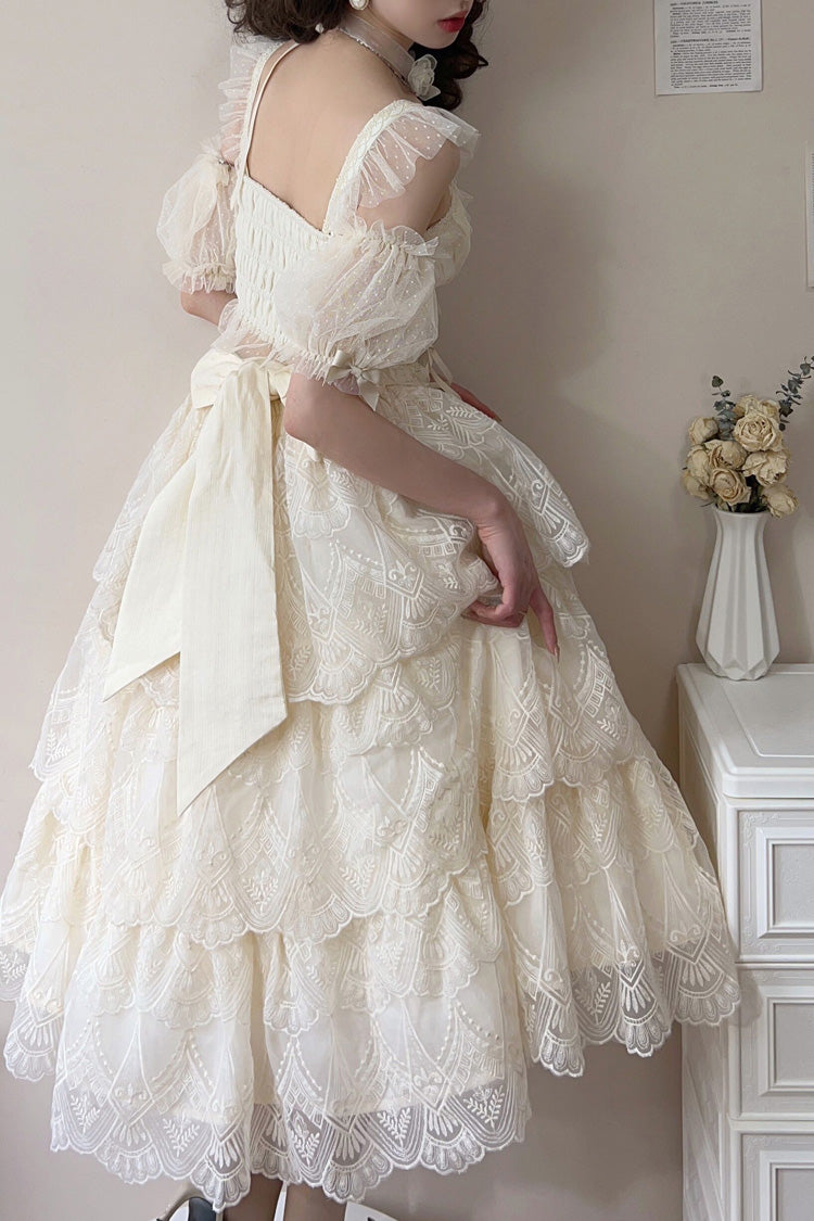 Ivory Tidal Triple-Layered Ruffle Bowknot Sweet Lolita Skirt 2 Versions