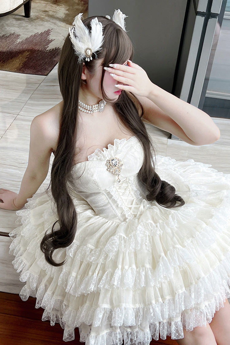 Beige Heartbeat at First Sight Off Shoulder Sleeveless Multi-Layered Ruffle Bowknot Lace Lace-Up Sweet Princess Gorgeous Lolita Dress