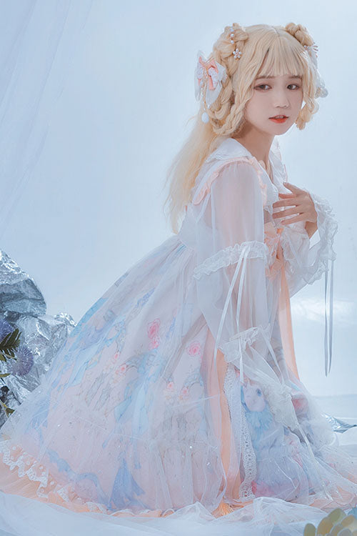 Light Blue Violin Cat Print Bowknot High Waisted Multi-Layer Ruffled Sweet Lolita Jsk Dress