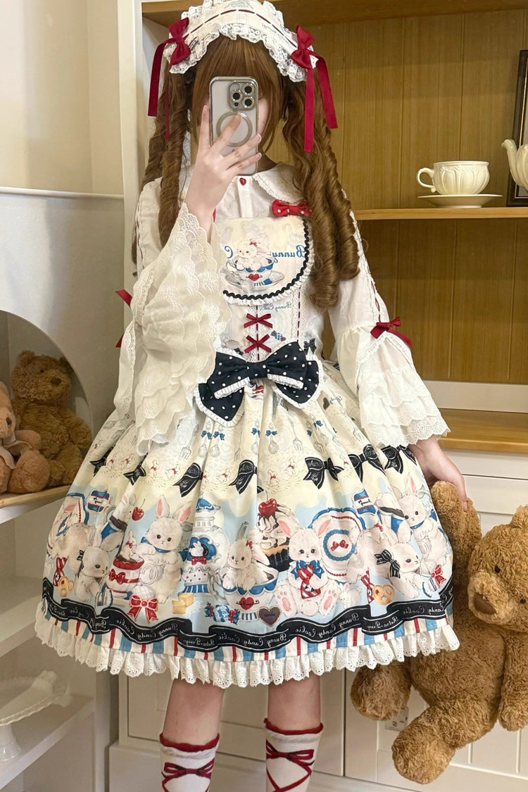 Beige Mystery Rabbit Tea Party Sleeveless Print Ruffle Bowknot Lace Sweet Lolita Jsk Dress