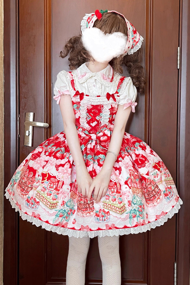 Red Strawberry Cocoa Jam Sleeveless Print Ruffle Bowknot Lace Sweet Lolita Jsk Dress