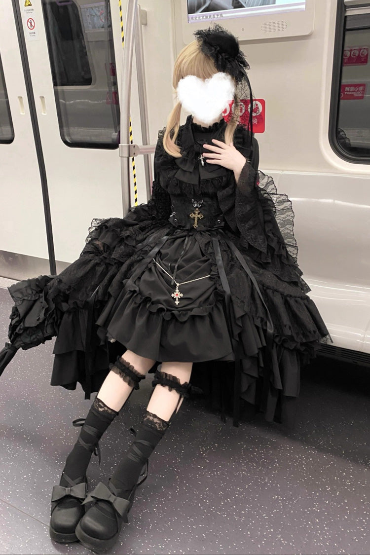 Black Eternal Taboo Long Hime Sleeves Ruffled Bow Gothic Lolita Skirt Dress Set