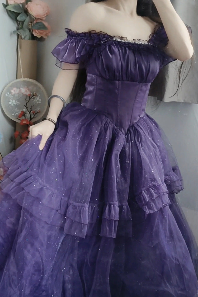 Purple Bright Stars Off Shoulder Ruffle Bowknot Asymmetric Sweet Elegant Princess Lolita Dress